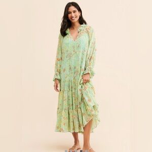 Free People Feeling Groovy Maxi / Midi Dress, lime green floral flowy gauzy boho